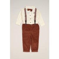 Little Gent Boy's Corduroy Bow Tie Mock Shirt, & Trousers with Braces Outfit Set in Brown | Size: 12 m