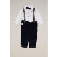 Little Gent Boy's Corduroy Bow Tie Mock Shirt, & Trousers with Braces Outfit Set in Navy | Size: 24 m