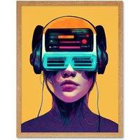 Artery8 Wall Art Print The Gamer Streaming VR Headset Retro Futurist Kids Art Framed in Light Oak | Size: W12 x H16