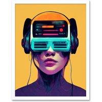 Artery8 Wall Art Print The Gamer Streaming VR Headset Retro Futurist Kids Art Framed in White | Size: W12 x H16