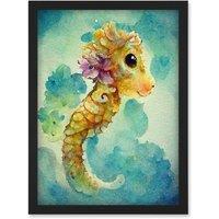 Artery8 Cute Baby Seahorse Kids Bedroom Watercolour Illustration Artwork Framed Wall Art Print A4 in Black