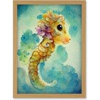 Artery8 Cute Baby Seahorse Kids Bedroom Watercolour Illustration Artwork Framed Wall Art Print A4 in Light Oak