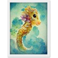 Artery8 Cute Baby Seahorse Kids Bedroom Watercolour Illustration Artwork Framed Wall Art Print A4 in White