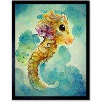 Artery8 Wall Art Print Cute Baby Seahorse Kids Bedroom Watercolour Art Framed in Black | Size: W12 x H16