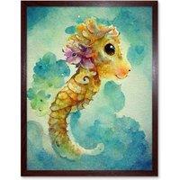 Artery8 Wall Art Print Cute Baby Seahorse Kids Bedroom Watercolour Art Framed in Brown | Size: W12 x H16
