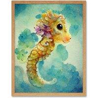 Artery8 Wall Art Print Cute Baby Seahorse Kids Bedroom Watercolour Art Framed in Light Oak | Size: W12 x H16
