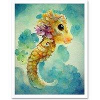 Artery8 Wall Art Print Cute Baby Seahorse Kids Bedroom Watercolour Art Framed in White | Size: W12 x H16