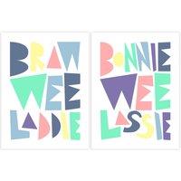 Artery8 Wall Art Print Pack of 2 A4 Scottish Baby Kids Childs Nursery Bonnie Wee Lassie Laddie Boy Girl Pastel Typography Design Living Room s Set