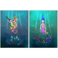 Artery8 Wall Art Print Pack of 2 A4 Cute Kids Bedroom Fairytale Mermaid Sea Princess Wildlife Landscape Living Room s Set
