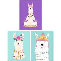 Artery8 Wall Art Print Pack of 3 A4 Kids Bedroom Cute Happy Llama Yoga Meditation Bright Purple & Pastel Blue Living Room s Set
