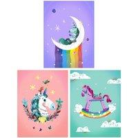 Artery8 Wall Art Print Pack of 3 A4 Kids Girl Bedroom Magical Unicorns & Rainbows Purple Pink Blue Living Room s Set