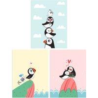 Artery8 Wall Art Print Pack of 3 A4 Kids Bedroom Nursery Cute Puffin Aquatic Birds Scottish Family Couple Explorer Pastel Colour Living Room s Set