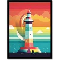 Artery8 Lighthouse Mid Century Modern Colourful Flat Style Bathroom Art Kids Cheerful Art Print Framed Poster Wall Decor 12x16 inch