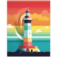 Artery8 Lighthouse Mid Century Modern Colourful Flat Style Bathroom Art Kids Cheerful Extra Large XL Wall Art Poster Print | Size: W24 x H32