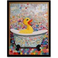 Artery8 Yellow Rubber Duck Ducky Bath Time Bathroom Toilet Art Yellow Mosaic Kids Room Nursery Artwork Framed Wall Art Print A4 in Black