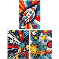 Artery8 Wall Art Print Set of 3 Space Pop Art Comic Book Style Artwork Planet Stars & Rocket Kids Bedroom Living Room Poster s Pack | Size: A4