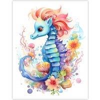 Artery8 Cute Seahorse Watercolour Artwork Fun Kids Bedroom Nursery Extra Large XL Unframed Wall Art Poster Print | Size: W24 x H32