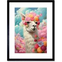 Artery8 Wall Art Print Head in the Clouds Conceptual Artwork Fabulous Carefree Llama with Rose Flower Headband Kids Room Artwork Framed 9X7 Inch