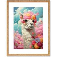 Artery8 Wall Art Print Head in the Clouds Conceptual Artwork Fabulous Carefree Llama with Rose Flower Headband Kids Room Artwork Framed 9X7 Inch
