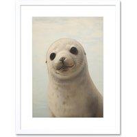 Artery8 Wall Art Print Adorable Baby Seal Pup Portrait Oil Painting Calming Kids Bedroom Cute Arctic Animal Artwork Framed 9X7 Inch | Size: W7 x H9