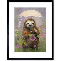 Artery8 Wall Art Print Picking Flowers in the Rain Oil Painting Cute Sloth w/ an Umbrella in a Wildflower Meadow Kids Bedroom Artwork Framed 9X7 Inch