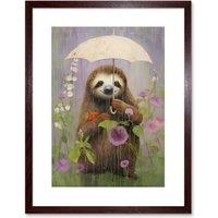Artery8 Wall Art Print Picking Flowers in the Rain Oil Painting Cute Sloth w/ an Umbrella in a Wildflower Meadow Kids Bedroom Artwork Framed 9X7 Inch
