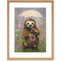 Artery8 Wall Art Print Picking Flowers in the Rain Oil Painting Cute Sloth w/ an Umbrella in a Wildflower Meadow Kids Bedroom Artwork Framed 9X7 Inch