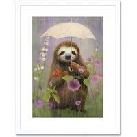 Artery8 Wall Art Print Picking Flowers in the Rain Oil Painting Cute Sloth w/ an Umbrella in a Wildflower Meadow Kids Bedroom Artwork Framed 9X7 Inch