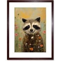 Artery8 Wall Art Print Gleeful Raccoon Picking Flowers Oil Painting Red White Blooms Spring Meadow Landscape Kids Bedroom Artwork Framed 9X7 Inch