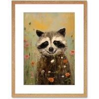 Artery8 Wall Art Print Gleeful Raccoon Picking Flowers Oil Painting Red White Blooms Spring Meadow Landscape Kids Bedroom Artwork Framed 9X7 Inch