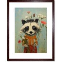 Artery8 Wall Art Print Cute Racoon Picking Wildflowers for a Spring Bouquet Oil Painting Amber Orange Baby Blue Kids Bedroom Artwork Framed 9X7 Inch