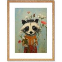 Artery8 Wall Art Print Cute Racoon Picking Wildflowers for a Spring Bouquet Oil Painting Amber Orange Baby Blue Kids Bedroom Artwork Framed 9X7 Inch