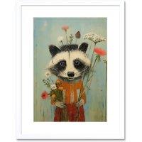 Artery8 Wall Art Print Cute Racoon Picking Wildflowers for a Spring Bouquet Oil Painting Amber Orange Baby Blue Kids Bedroom Artwork Framed 9X7 Inch