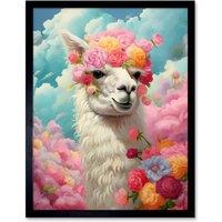 Artery8 Wall Art Print Head in the Clouds Conceptual Artwork Fabulous Carefree Llama with Rose Flower Headband Kids Room Art Framed