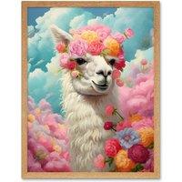 Artery8 Wall Art Print Head in the Clouds Conceptual Artwork Fabulous Carefree Llama with Rose Flower Headband Kids Room Art Framed