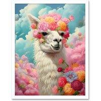 Artery8 Wall Art Print Head in the Clouds Conceptual Artwork Fabulous Carefree Llama with Rose Flower Headband Kids Room Art Framed