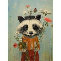 Artery8 Wall Art Print Cute Racoon Picking Wildflowers for a Spring Bouquet Oil Painting Amber Orange Baby Blue Kids Bedroom Artwork Poster