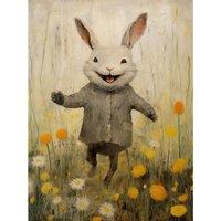 Artery8 Wall Art Print Raincoat Rabbit Happy Bunny Flower Meadow Kids Girls Bedroom Nursery Artwork Poster in Grey | Size: W12 x H16