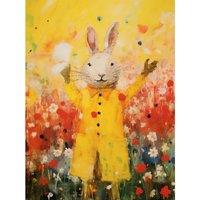 Artery8 Wall Art Print Rabbit in a Yellow Rain Mac Oil Painting Bright Floral Meadow Kids Bedroom Nursery Poster | Size: W12 x H16