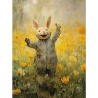 Artery8 Wall Art Print Tulips & Rabbit Watercolour Fun Kids Baby Nursery Artwork Poster in Yellow | Size: W12 x H16