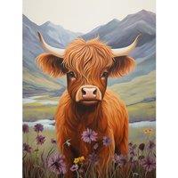 Artery8 Wall Art Print Kids Bedroom Nursery Artwork Highland Calf Cow in Heather & Cornflower Glen Scotland Poster in Brown | Size: W12 x H16