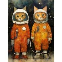 Artery8 Wall Art Print Cosmic Cats in Outer Space Moon Walk Fun Kids Bedroom Artwork Poster in Orange | Size: W12 x H16