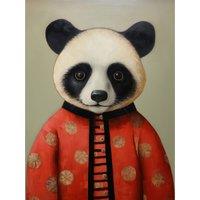 Artery8 Wall Art Print Panda Cub in Chinese Uniform Fun Kids Bedroom Artwork Poster in Grey | Size: W12 x H16