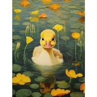 Artery8 Wall Art Print Whirlpool Duckling Lily Pads & Flowers Kids Bedroom Nursery Artwork Poster in Yellow | Size: W12 x H16