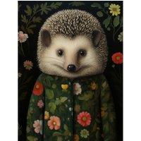 Artery8 Wall Art Print Hedgehog in Hedgerow Floral Jacket Cute Kids Bedroom Artwork Poster in Black | Size: W12 x H16