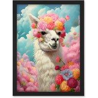 Artery8 Wall Art Print Head in the Clouds Conceptual Artwork Fabulous Carefree Llama with Rose Flower Headband Kids Room Artwork Framed A4 in Black