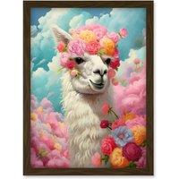 Artery8 Wall Art Print Head in the Clouds Conceptual Artwork Fabulous Carefree Llama with Rose Flower Headband Kids Room Artwork Framed A4 in Brown
