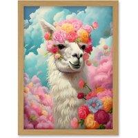 Artery8 Wall Art Print Head in the Clouds Conceptual Artwork Fabulous Carefree Llama with Rose Flower Headband Kids Room Artwork Framed A4