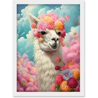 Artery8 Wall Art Print Head in the Clouds Conceptual Artwork Fabulous Carefree Llama with Rose Flower Headband Kids Room Artwork Framed A4 in White