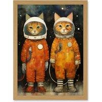 Artery8 Wall Art Print Cosmic Cats in Outer Space Moon Walk Fun Kids Bedroom Artwork Framed A4 in Light Oak